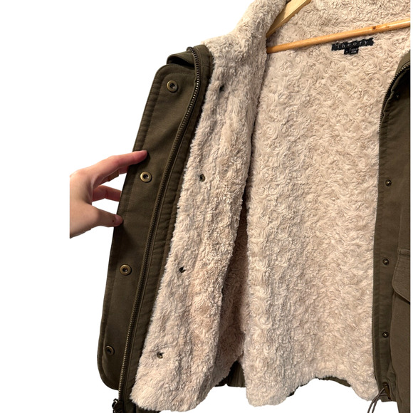 Theory M Oversized Bomber Jacket $750 Removable Fur Lining Cotton Army Green - Picture 6 of 10